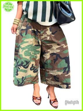 Women's Baggy Cargo Camo Wide Leg Harem Capri Jeans